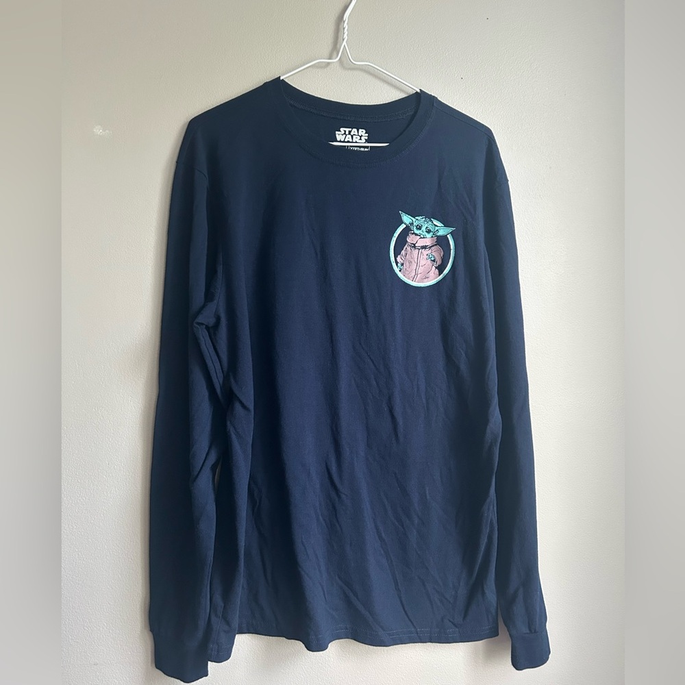 Star Wars Baby Yoda and Mandalorian Design Navy Blue Long Sleeve Shirt